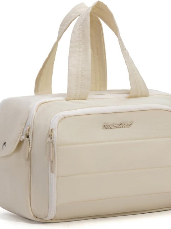 Handbags - Travel Toiletry Bag for Women, Large Wide Open Puffy Makeup Bag Organizer with B